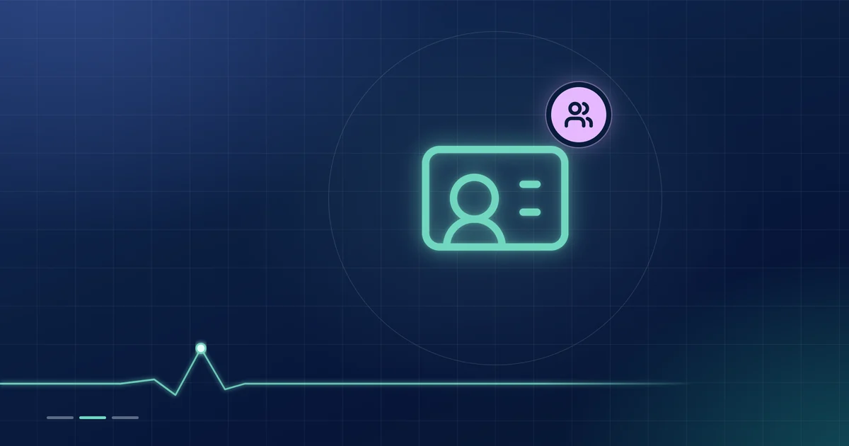A mint ID card outline with a lilac people badge on a dark navy ground.