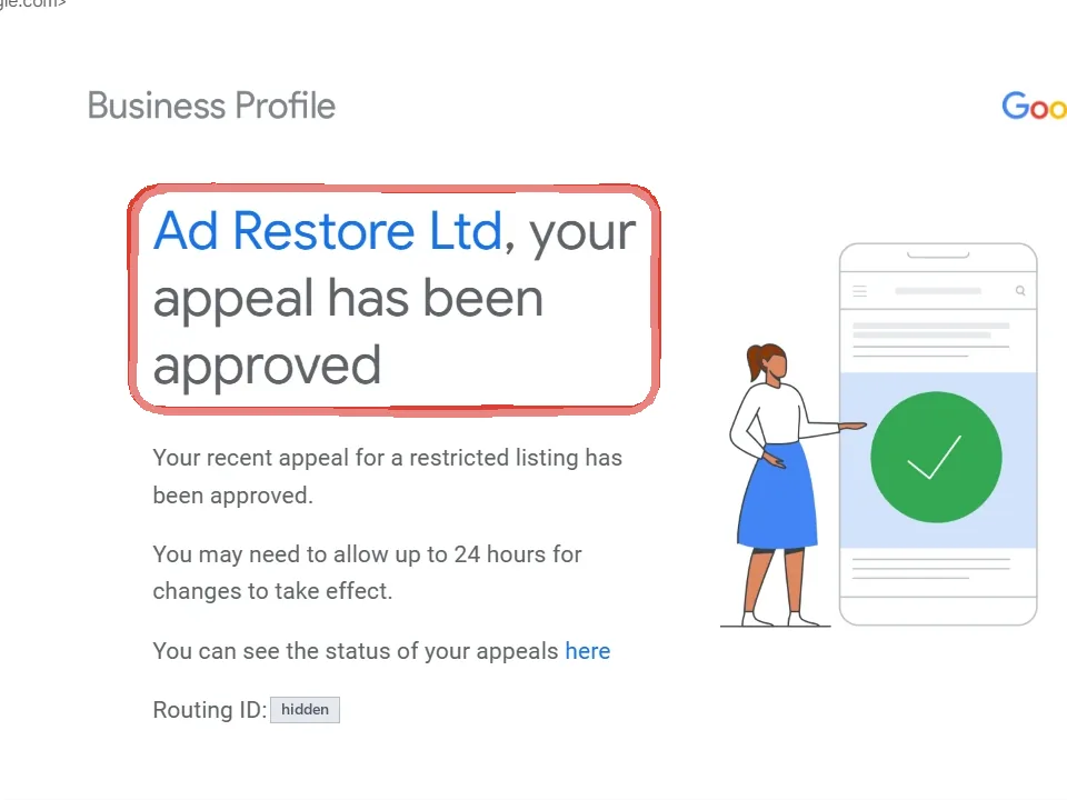 Google Business Profile email: the headline Ad Restore Ltd, your appeal has been approved, ringed in red, then Your recent appeal for a restricted listing has been approved