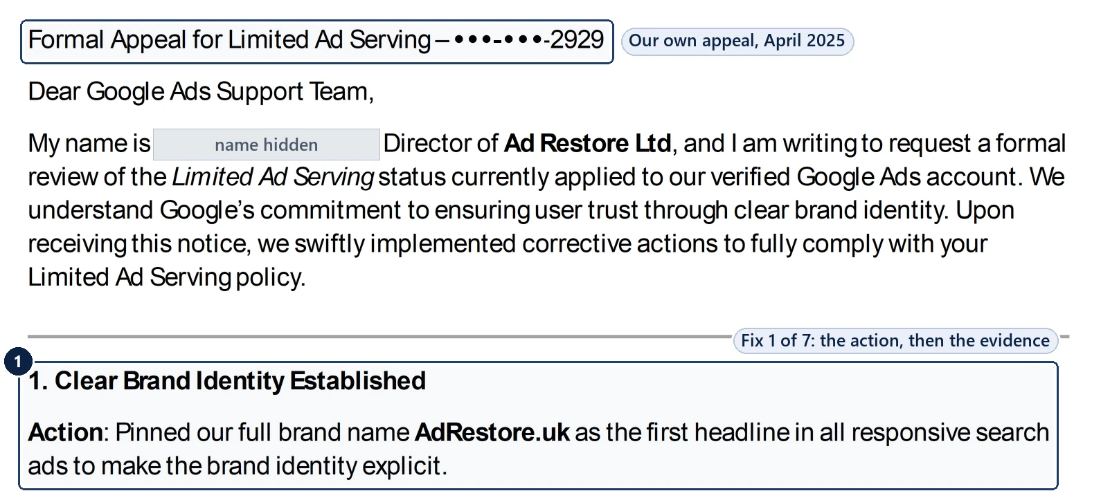 Opening of Ad Restore Ltd’s formal appeal against Limited Ad Serving: the request for review, followed by corrective action 1, “Clear Brand Identity Established”, pinning AdRestore.uk as the first headline in all responsive search ads