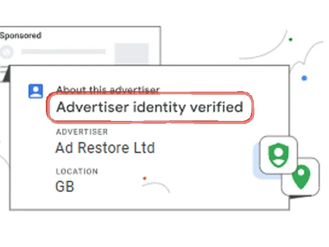 Google Ads ad disclosure preview: About this advertiser, then Advertiser identity verified ringed in red, the advertiser Ad Restore Ltd, location GB