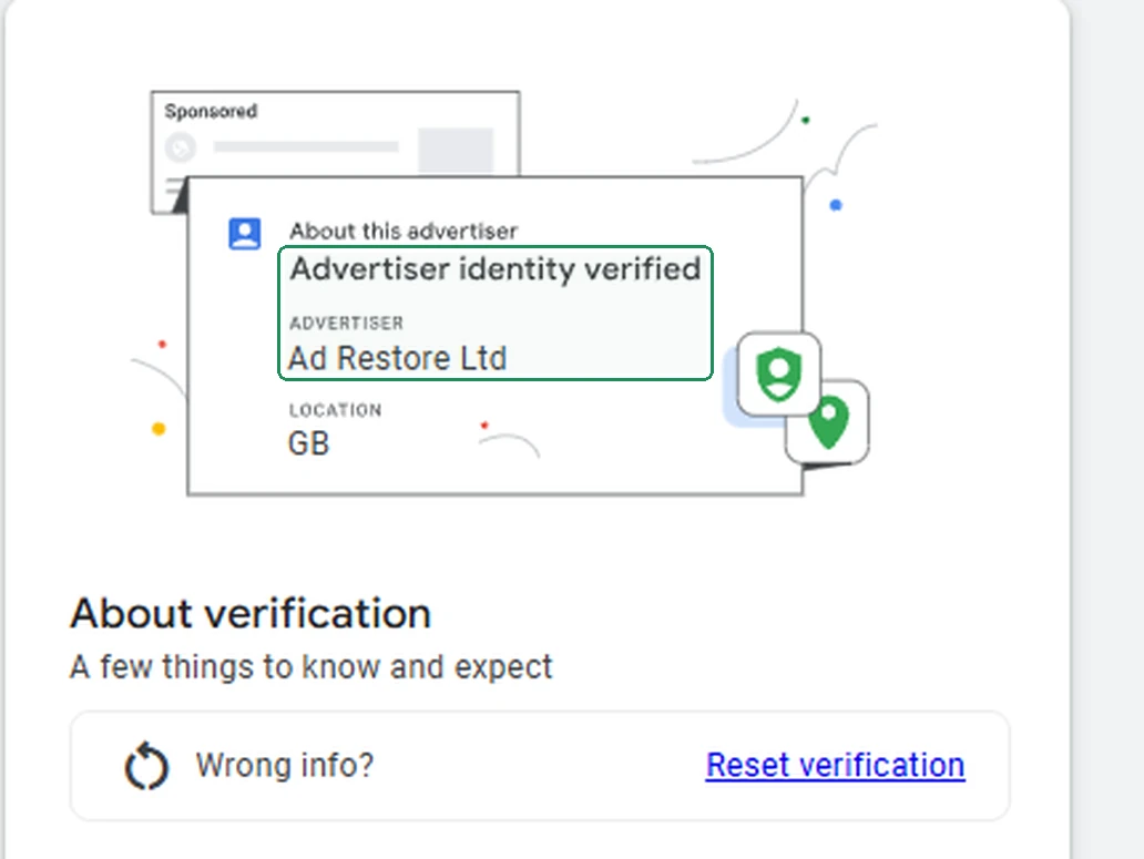 Google Ads ad disclosure preview: About this advertiser, Advertiser identity verified, Ad Restore Ltd, location GB