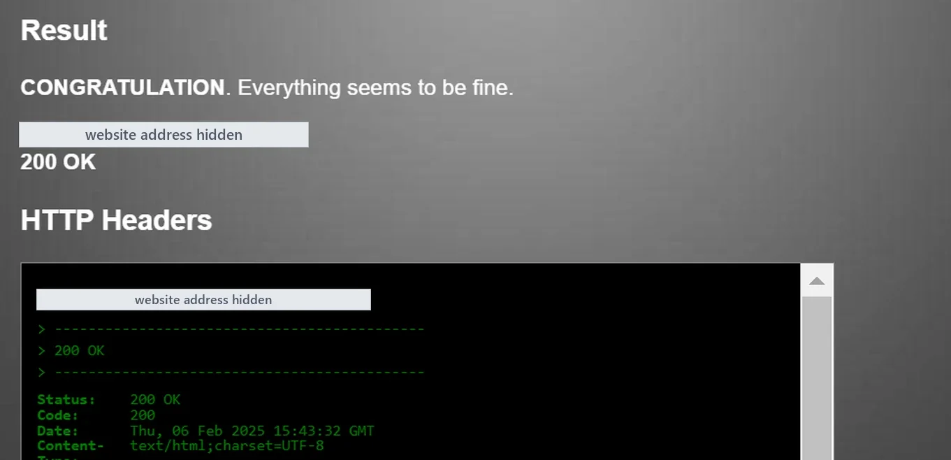 Redirect checker result “CONGRATULATION. Everything seems to be fine” with HTTP status 200 OK, checked on Thu, 06 Feb 2025; the website address is hidden