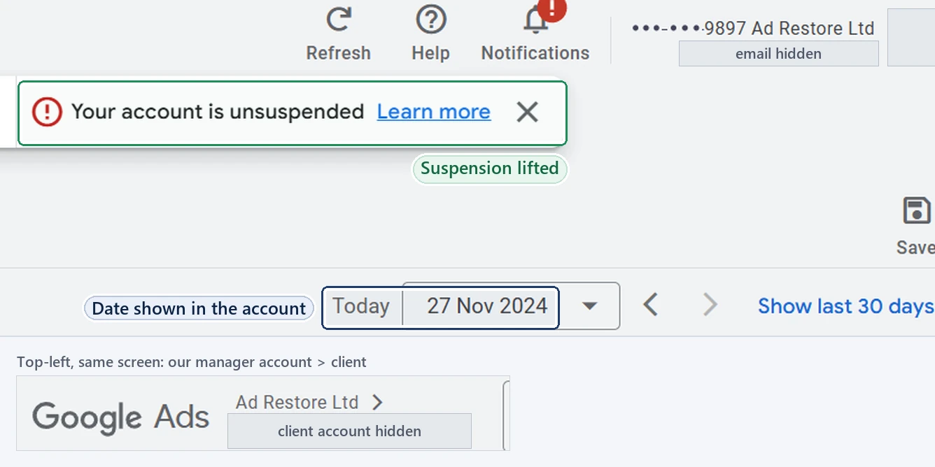Google Ads account overview opened from the Ad Restore Ltd manager account, showing the banner “Your account is unsuspended” and the date “Today 27 Nov 2024”