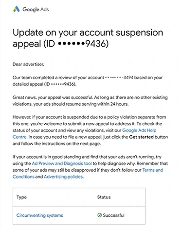 Google Ads email: Update on your account suspension appeal, appeal ID ending 9436, for the account ending 3494: Great news, your appeal was successful, and your ads should resume serving within 24 hours; the table under it reads Circumventing systems, Successful