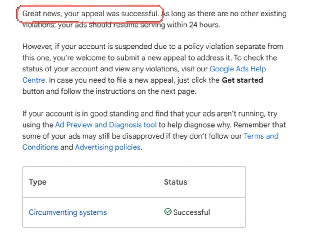 Google Ads email with the sentence Great news, your appeal was successful ringed in red, and a table showing Type: Circumventing systems, Status: Successful
