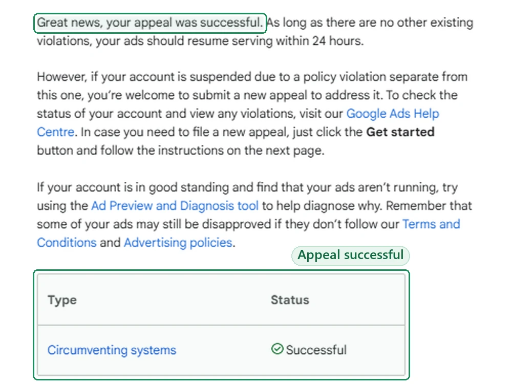 Google Ads email: “Great news, your appeal was successful” for a Circumventing systems suspension