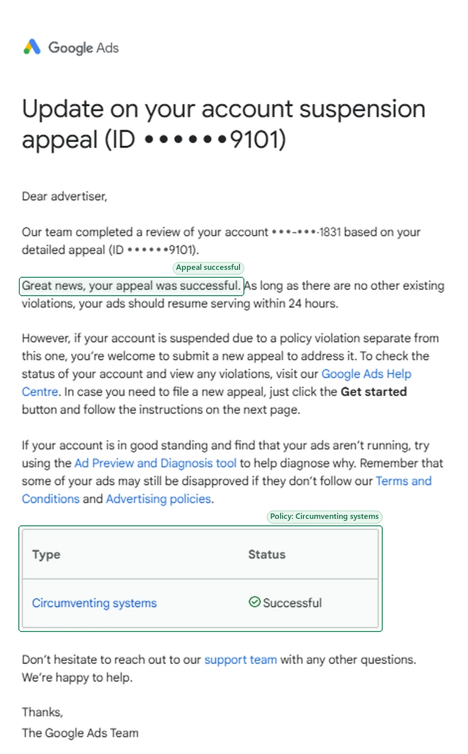 Google Ads email “Update on your account suspension appeal” reading “Great news, your appeal was successful”, with a table showing Type: Circumventing systems, Status: Successful