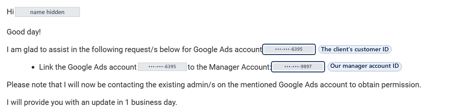 A Google support email about a request to link the Google Ads account ending 6395 to the manager account ending 9897. The writer says they will contact the existing admins on the account to obtain permission and update within 1 business day. Names hidden.