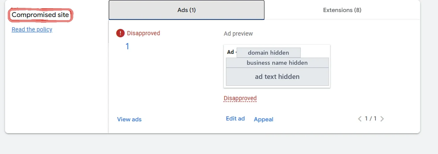 Google Ads policy view: the policy “Compromised site”, ringed in red, with one ad “Disapproved” and the Edit ad and Appeal links; the ad’s domain, business name and text are hidden