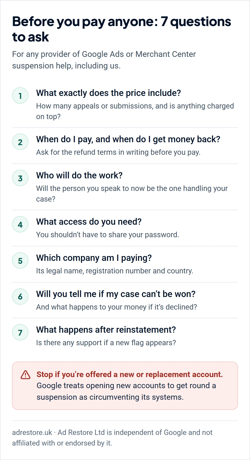 Checklist headed ‘Before you pay anyone: 7 questions to ask’: what exactly the price includes; when you pay and when you get money back; who will do the work; what access they need, as you shouldn’t have to share your password; which company you’re paying; whether they’ll tell you if your case can’t be won; and what happens after reinstatement. A red box at the bottom says to stop if you’re offered a new or replacement account.