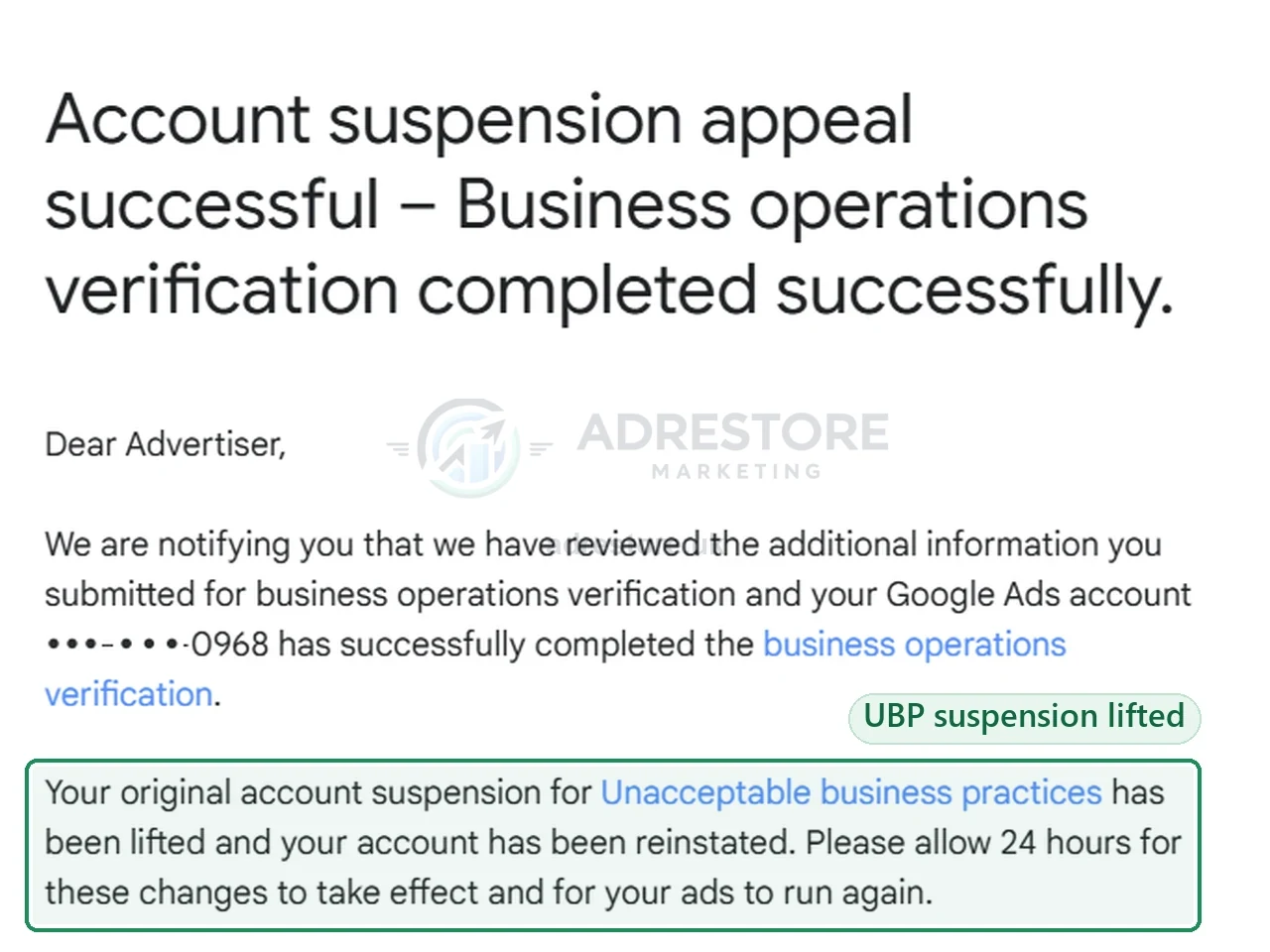 Google Ads email: business operations verification completed successfully and the Unacceptable business practices suspension lifted, November 2024