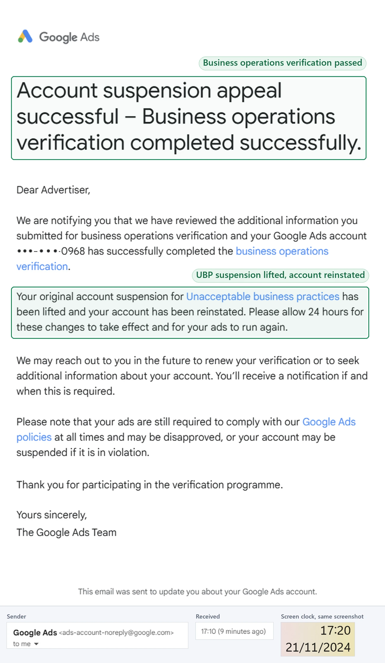 Google Ads email headed “Account suspension appeal successful – Business operations verification completed successfully”, stating that the original suspension for Unacceptable business practices has been lifted and the account reinstated, received 21 November 2024