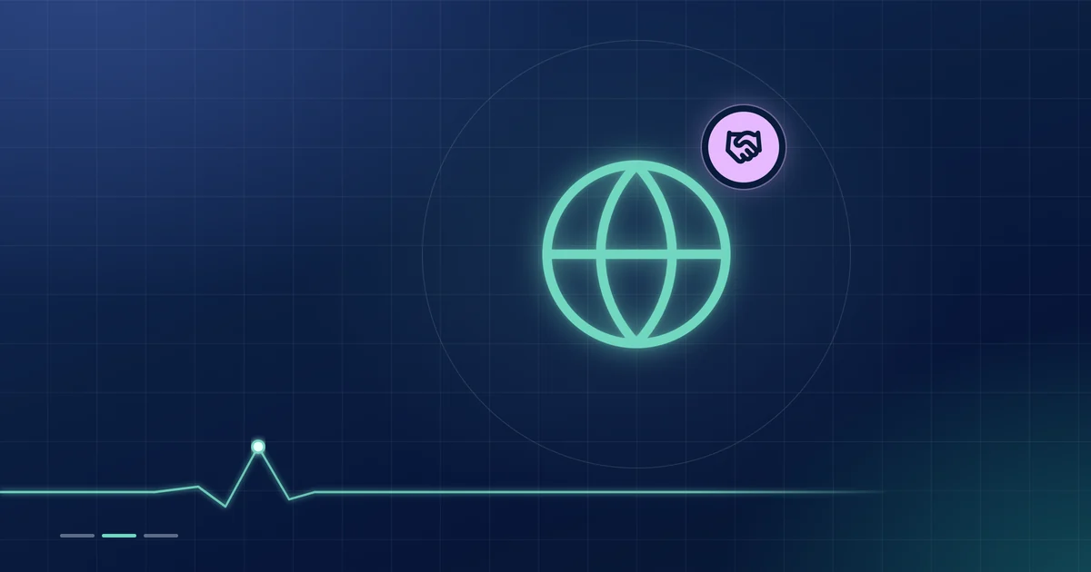 A mint globe outline with a lilac handshake badge on a dark navy ground.