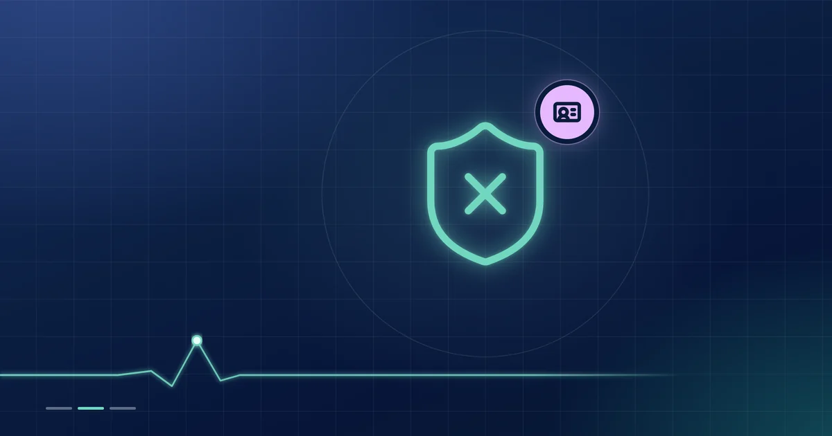 A mint shield outline with a cross and a lilac ID-card badge on a dark navy ground.