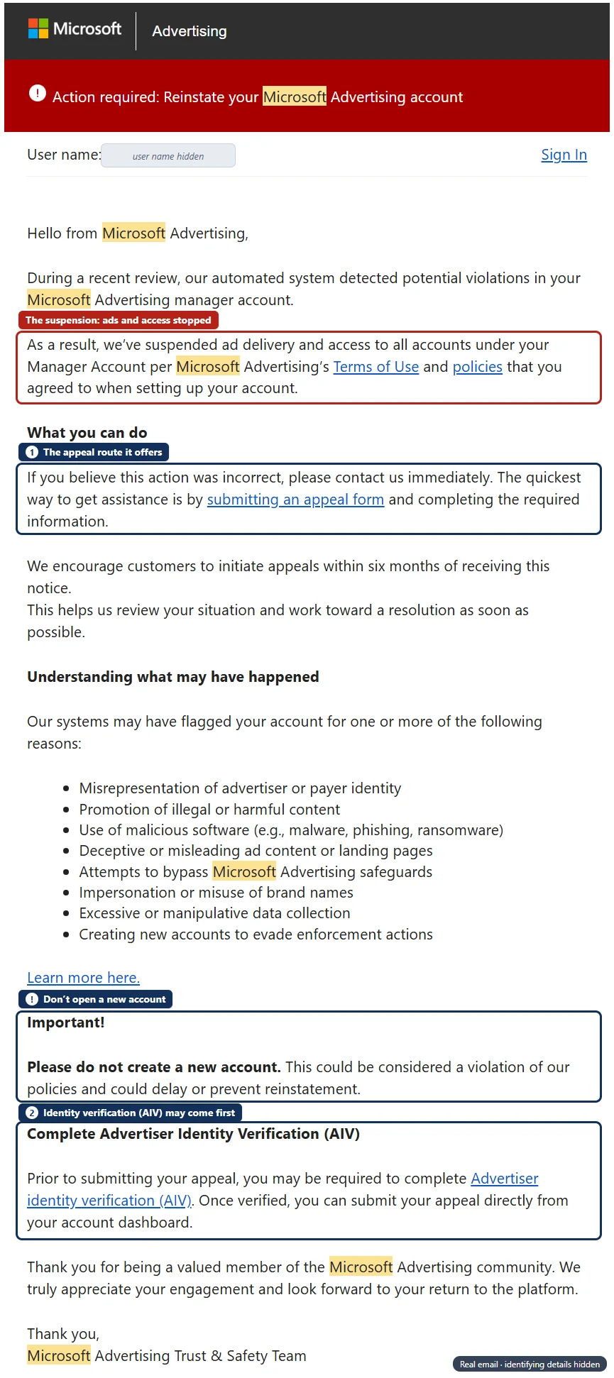 Microsoft Advertising email headed ‘Action required: Reinstate your Microsoft Advertising account’, user name hidden. A red box marks the sentence ‘As a result, we’ve suspended ad delivery and access to all accounts under your Manager Account’. Navy boxes mark the appeal-form link under ‘What you can do’, the line ‘Please do not create a new account’, and the section ‘Complete Advertiser Identity Verification (AIV)’. The email lists eight possible reasons and is signed ‘Microsoft Advertising Trust & Safety Team’.