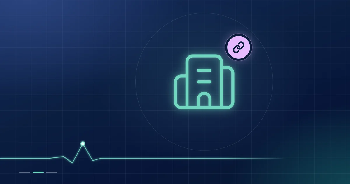 A mint office-building outline with a lilac link badge on a dark navy ground.