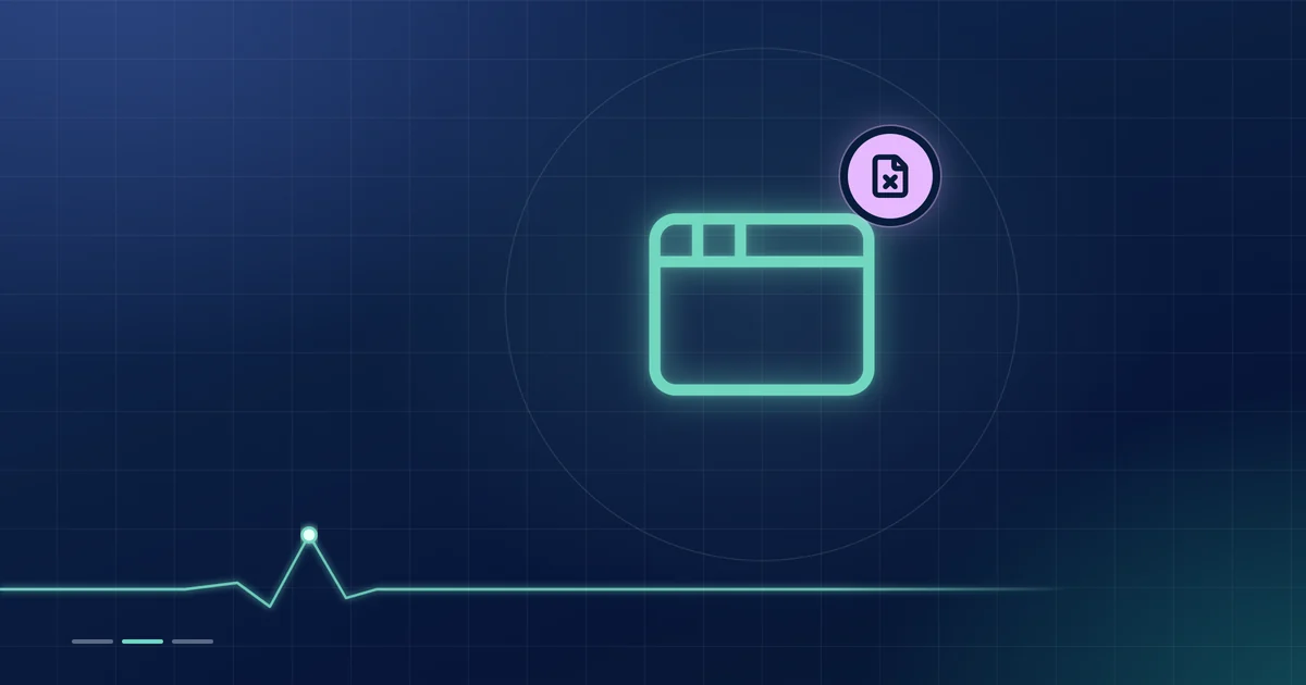 A mint browser-window outline with a lilac file-cross badge on a dark navy ground.