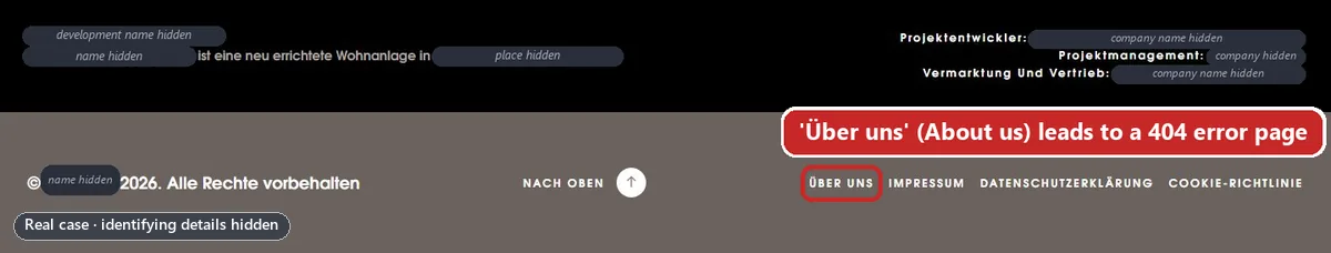 The footer of the German landing page, with the “Über uns” (About us) link boxed in red because it leads to a 404 error page. Identifying details are hidden.