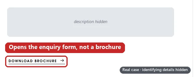 A ‘Download brochure’ link on the homepage, boxed in red because clicking it opens the enquiry form instead of a brochure; the description above it is covered. Identifying details are hidden.