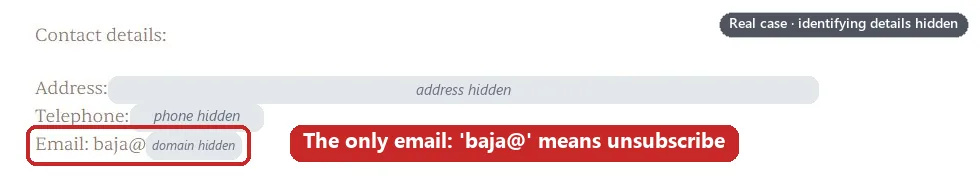 The contact details in the legal notice, with the address, phone and email domain covered and a red box around the only email address, which begins ‘baja@’ (Spanish for unsubscribe). Identifying details are hidden.