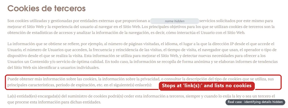 The Spanish cookie policy’s ‘Cookies de terceros’ (third-party cookies) section, with a red box around a sentence that ends at ‘enlace(s):’ (link(s):) and lists no cookies. Identifying details are hidden.