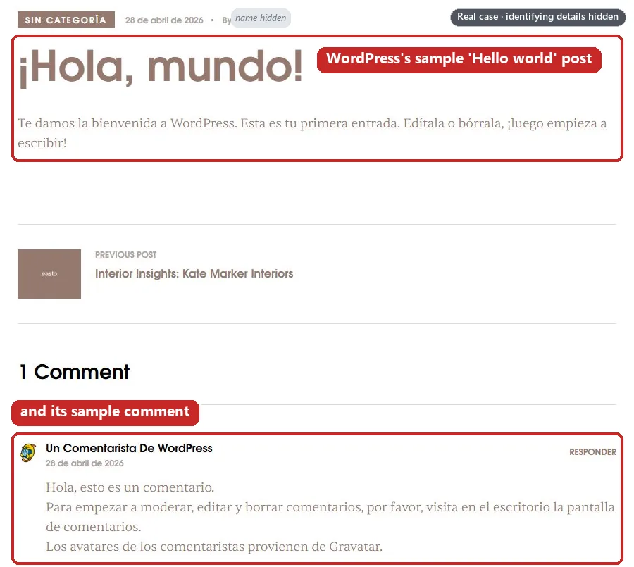 WordPress’s sample “¡Hola, mundo!” (Hello world) post and its sample comment from “Un Comentarista De WordPress”, boxed in red. Identifying details are hidden.