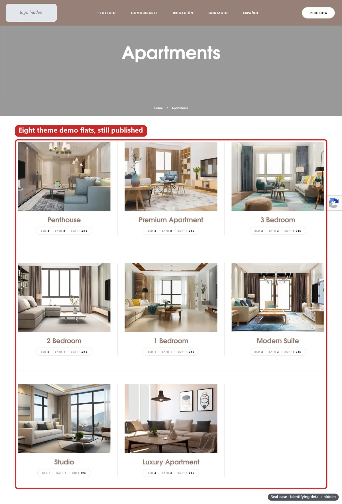 An “Apartments” archive page showing eight template flats from a WordPress theme’s demo (Penthouse, Premium Apartment, Studio and others), outlined in red, published under the development’s branding. Identifying details are hidden.