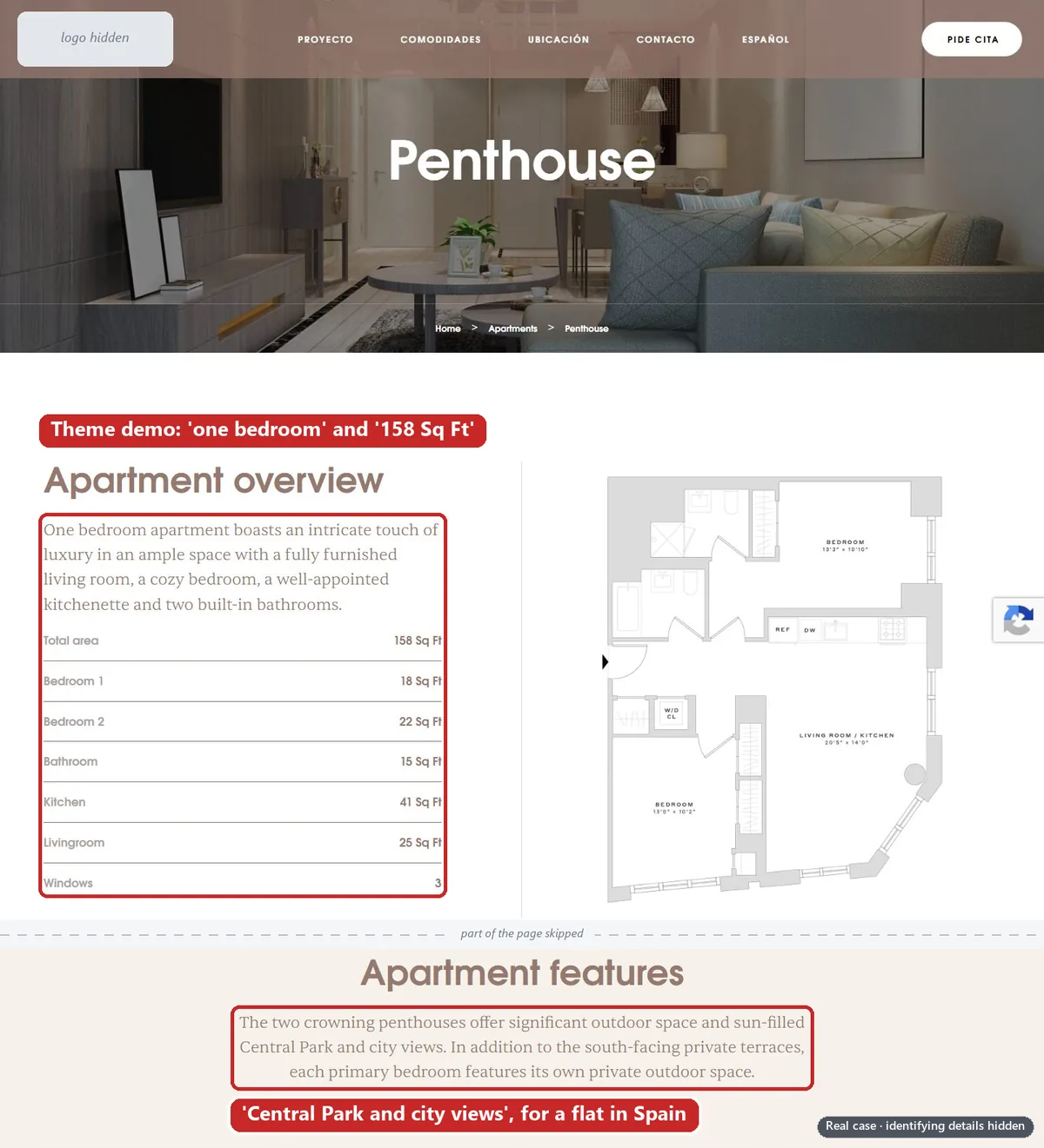 A theme’s demo “Penthouse” page: a “one bedroom” description, a 158 Sq Ft total area and a floor plan, plus a features paragraph promising “Central Park and city views”, boxed in red. Identifying details are hidden.