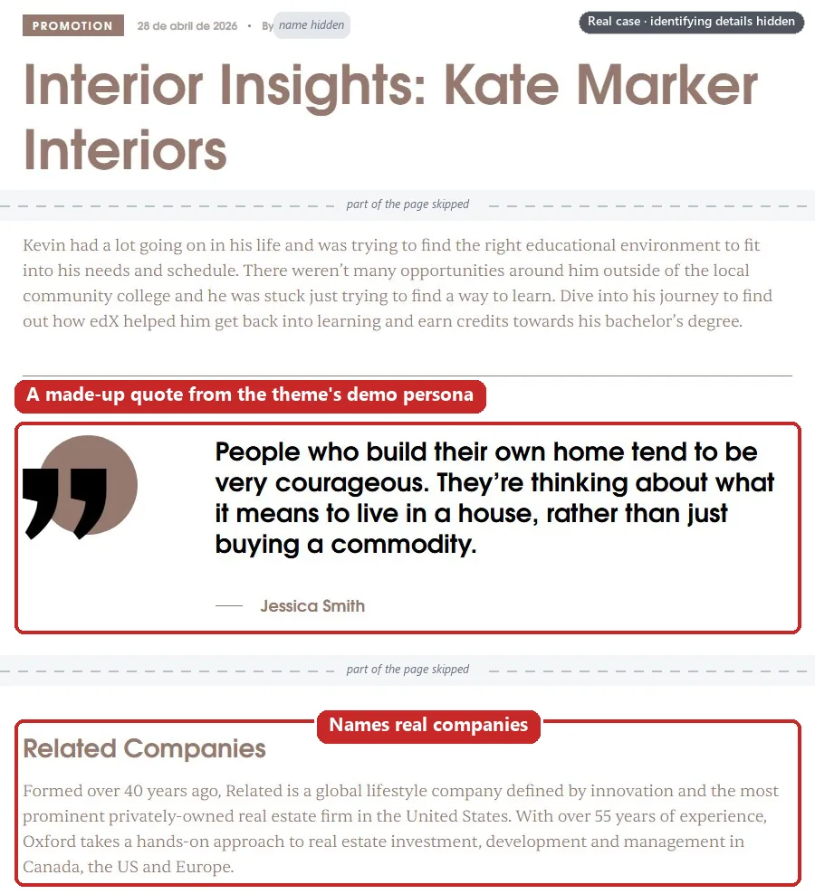 A theme’s demo blog post, “Interior Insights: Kate Marker Interiors”, with an edX student story, a made-up quote from the demo persona and a “Related Companies” section naming real property firms, boxed in red. Identifying details are hidden.