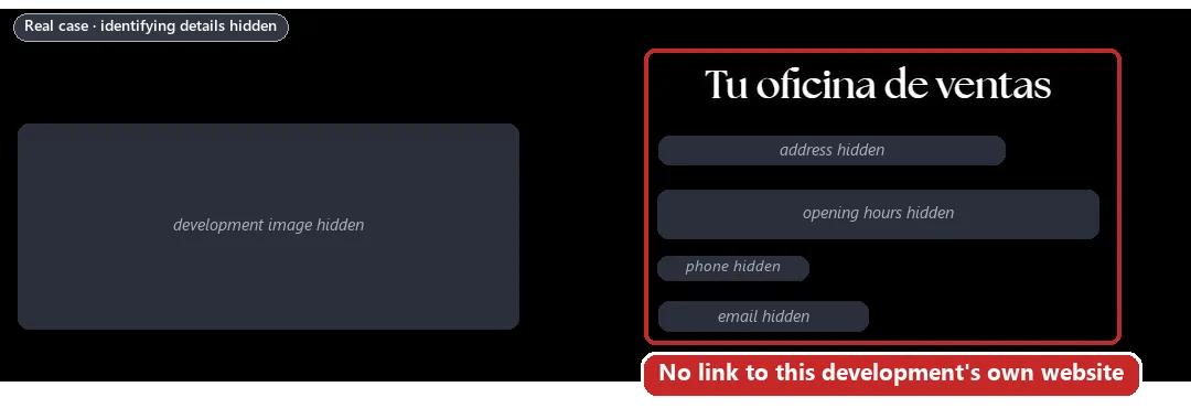 The same developer group’s page for the suspended development: the sales box shows the sales office but no link to the development’s website. Identifying details are hidden.