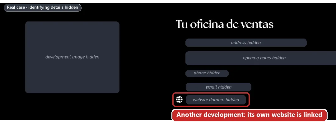 The developer group’s page for another of its developments: the sales box lists that development’s own website, with a globe icon. Identifying details are hidden.