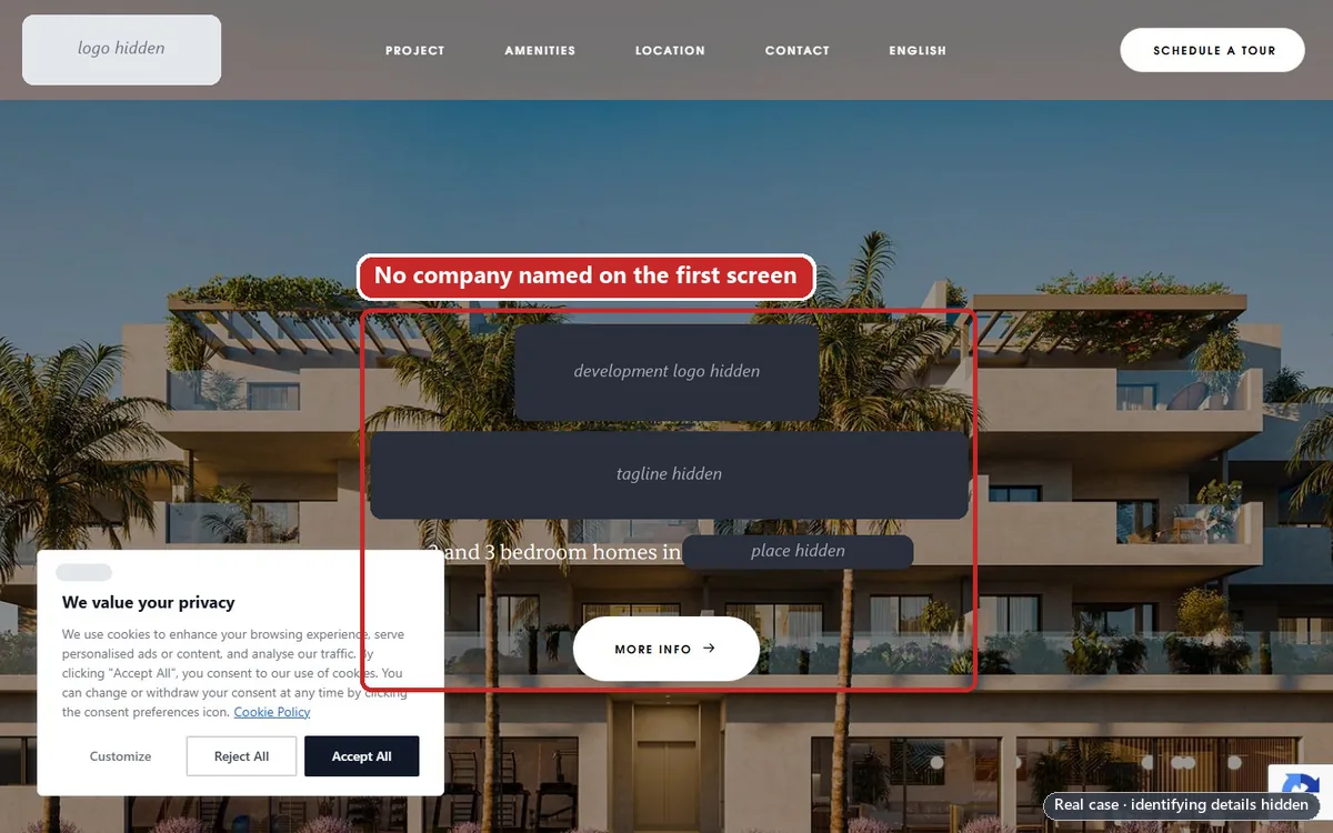 Desktop screenshot of a property development website&rsquo;s first screen: menu, booking button, a building render and a More info button, with a red box noting that no company is named anywhere on it. Identifying details are hidden.