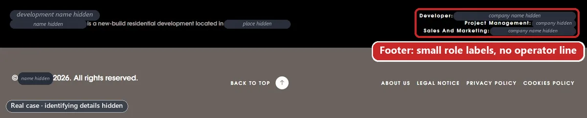 The black footer of the development website, with a red box around three small role labels (Developer, Project Management, Sales And Marketing) and a label noting there is no line saying who operates the site; the company names after the labels are covered. Identifying details are hidden.