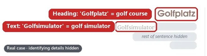 An amenities entry on the German page headed ‘Golfplatz’ (golf course) above the word ‘Golfsimulator’ (golf simulator), both boxed in red. Identifying details are hidden.