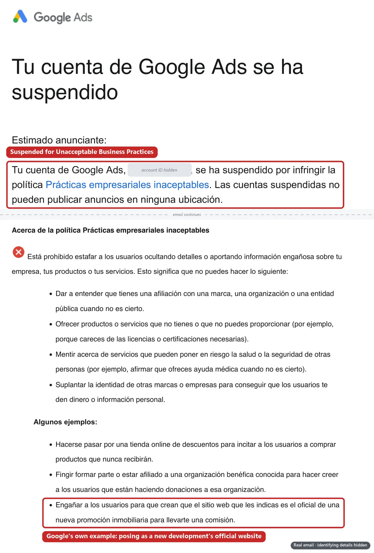 Google Ads’ suspension email in Spanish, with the sentence saying the account was suspended for the Unacceptable Business Practices policy boxed in red, and the policy list below it, including the example of posing as a new property development’s official website, also boxed. The account ID is covered. Identifying details are hidden.