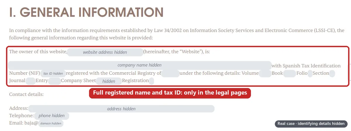 The website’s English legal notice, with a red box around the paragraph giving the site owner’s full registered name, tax ID and registry details, labelled as appearing only in the legal pages; the company name, numbers, address, phone and domain are covered. Identifying details are hidden.