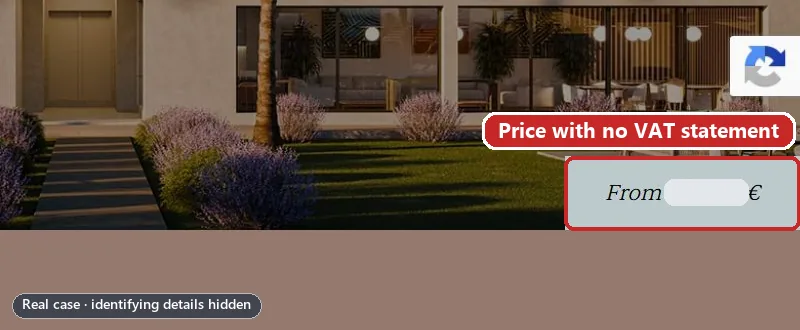 Close-up of the homepage’s ‘From … €’ price box over a building render, with the figure covered and a red box noting there is no VAT statement. Identifying details are hidden.