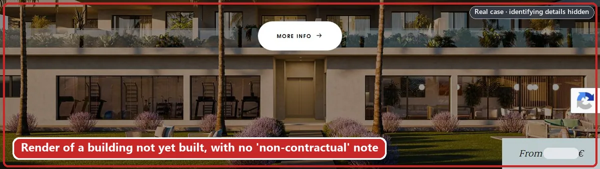Wide crop of the homepage hero: a computer render of a finished building with gym, gardens and loungers, boxed in red because there is no ‘non-contractual image’ note. Identifying details are hidden.