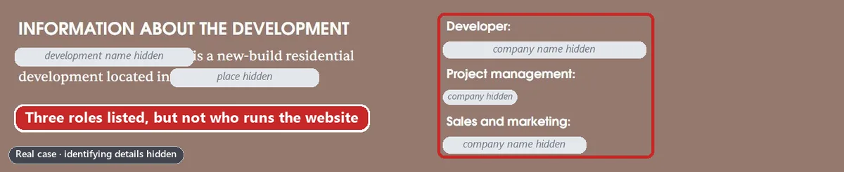 A band headed ‘Information about the development’ listing three roles, developer, project management and sales and marketing, with the company names hidden.