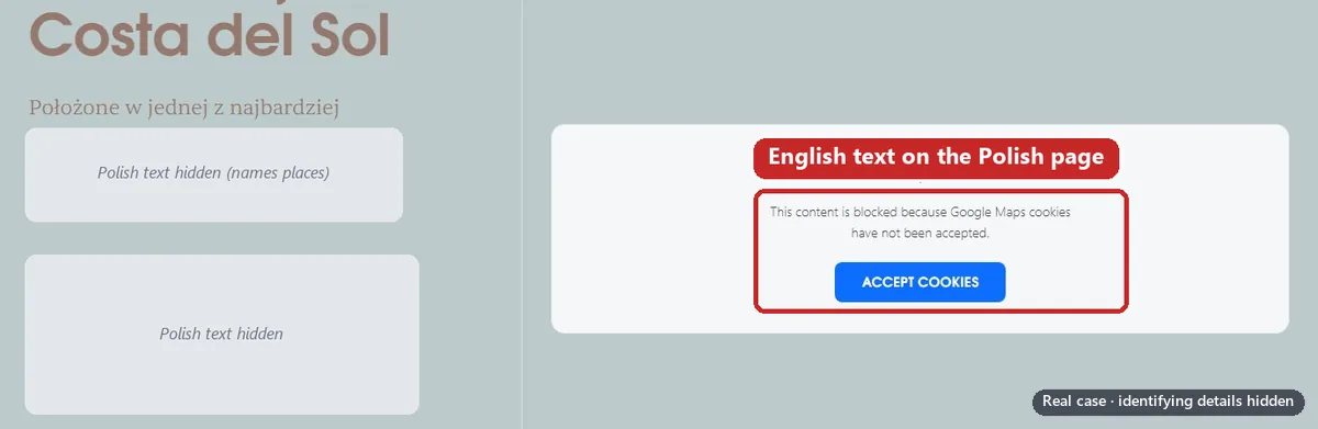 A section of the Polish landing page where the map placeholder still reads in English: ‘This content is blocked because Google Maps cookies have not been accepted’, boxed in red. Identifying details are hidden.