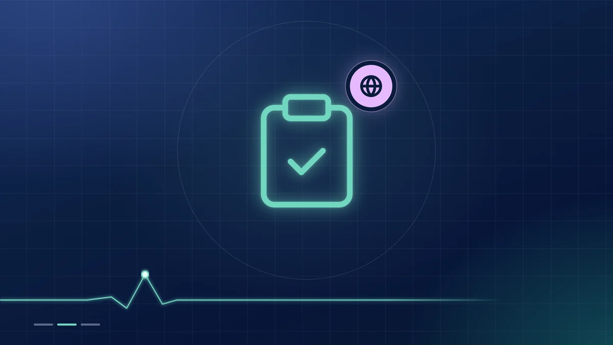 A mint clipboard outline with a tick and a lilac globe badge on a dark navy ground.